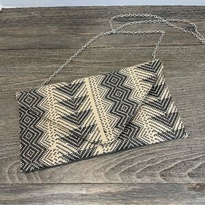 Stylish Black and Cream Clutch Bag envelope style. Crossbody chain. Boho. Woven